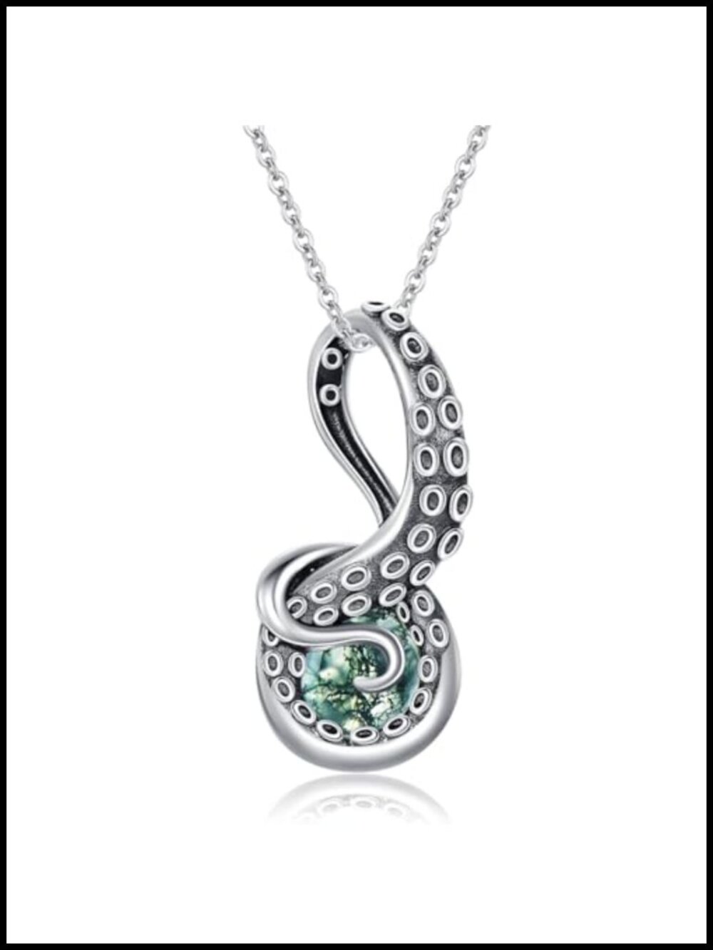 925 Sterling Silver Octopus Pendant Necklace with Moss Agate Gemstone, Ocean